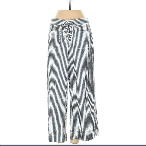Madewell Wide Leg Blue & White Striped Cropped Pants Capri - Picture 1 of 11